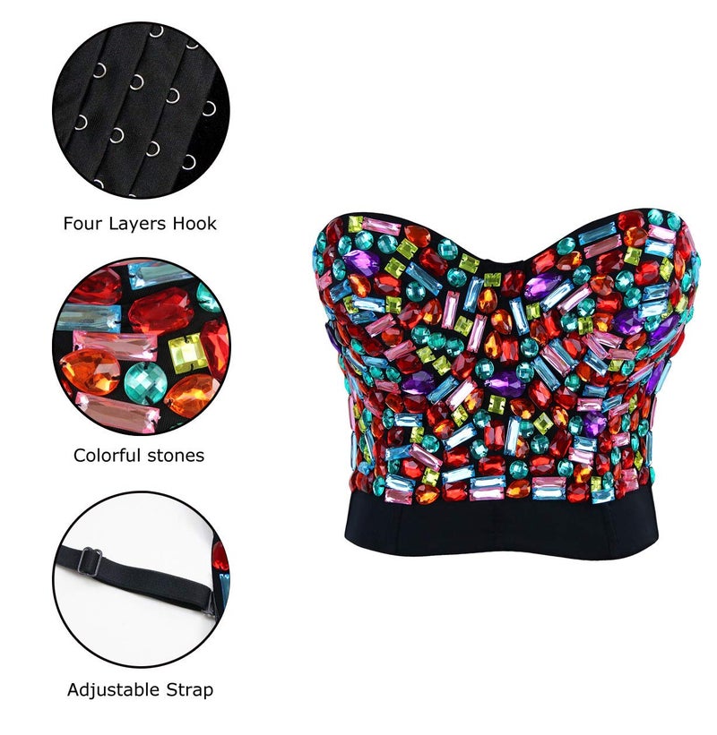 Charmian Women's Colorful Rhinestone Push Up Bra Clubwear Party Bustier Crop Top Valentines Bra Top Black XX-Large - Image 5